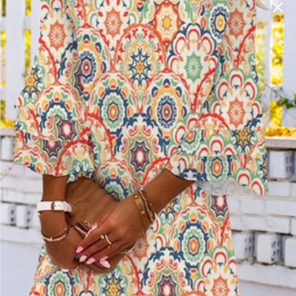 Chic Dress 3/4 Length Sleeve Multicolor Casual Summer Mini Dress Blue Orange - Picture 4 of 10